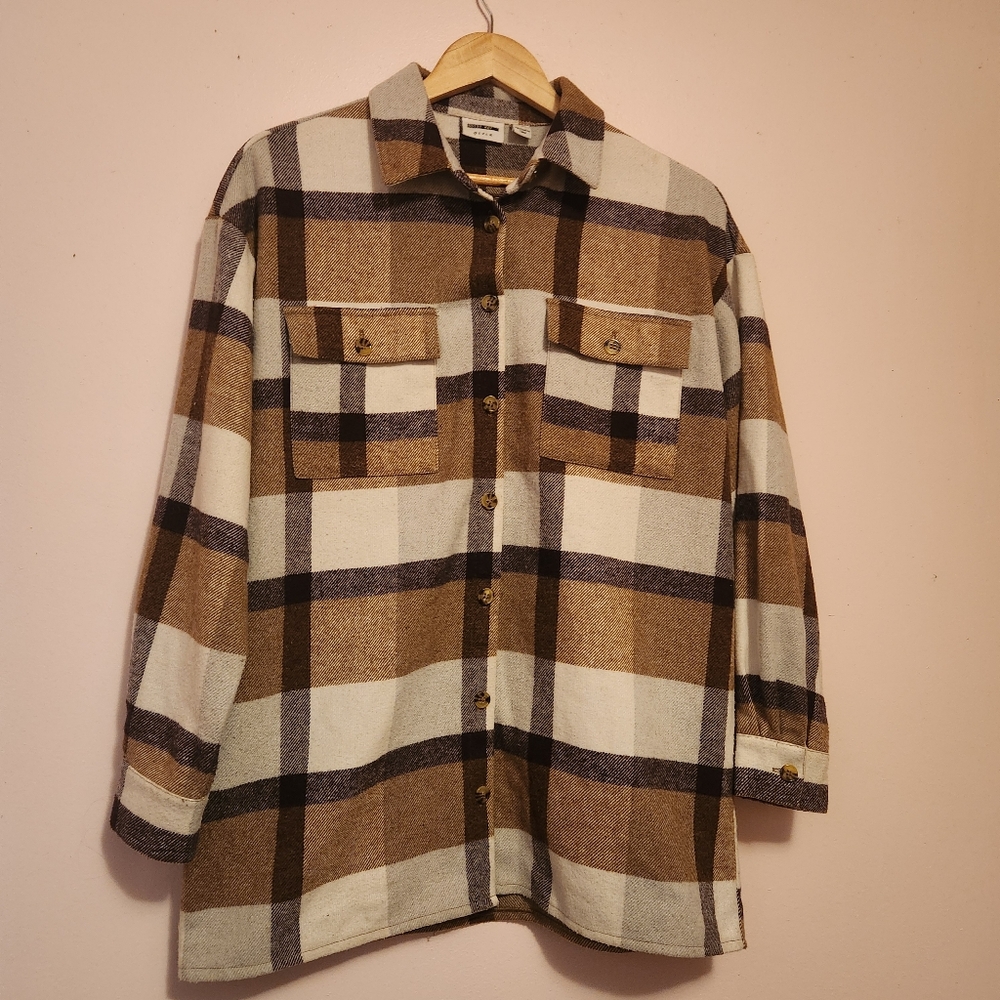 Noisy May NMFLANNY Oversized Plaid Long Shacket Shirt Jacket Tan Size XS EUC